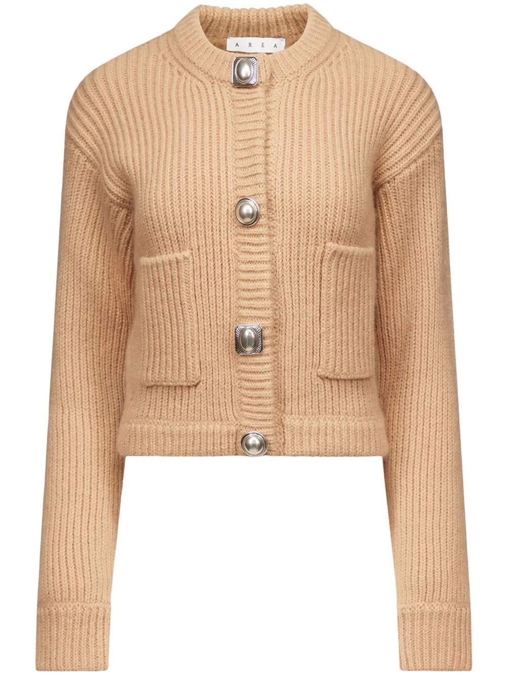 AREA Gemstone-Button Cropped Knit Cardigan in Beige